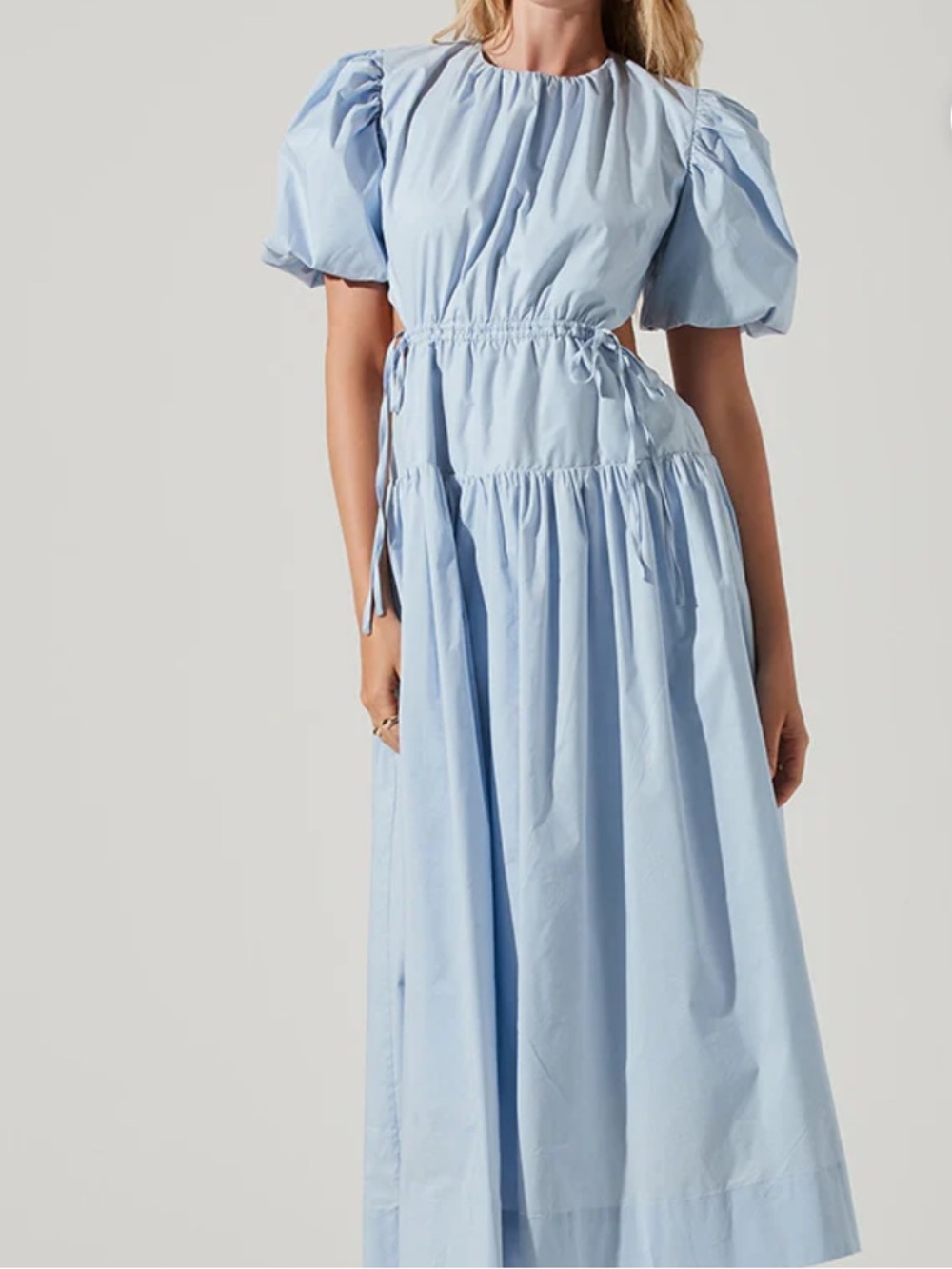 ASTR The Label Shelby Dress Light Blue Puff Sleeve Open Back High Neck Maxi Sz M